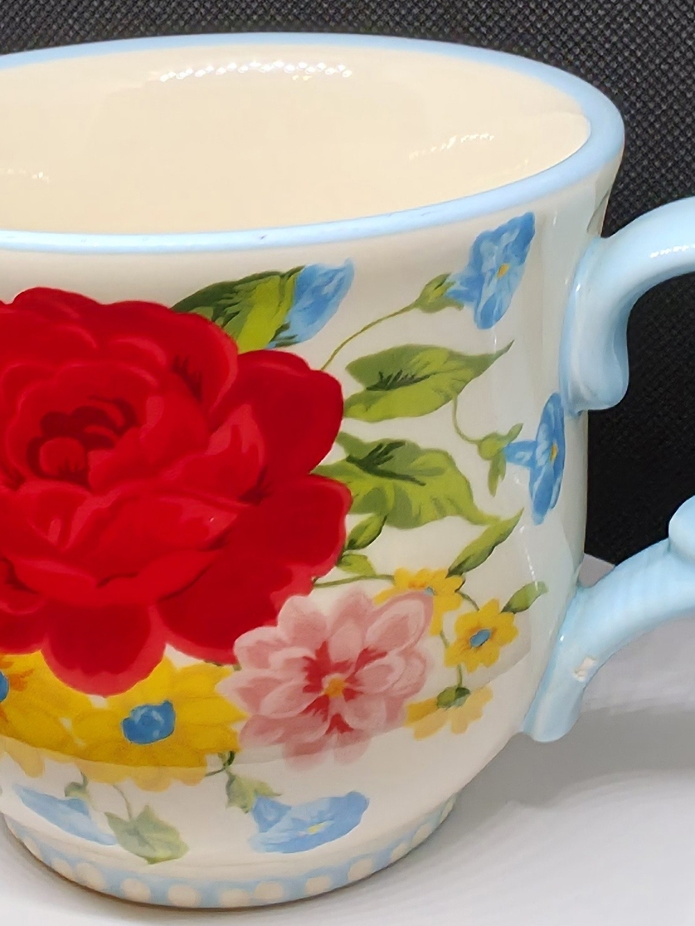 Ceramic Floral Teacup with Blue Handle - Cream/Red/Yellow - Picture 9 of 9